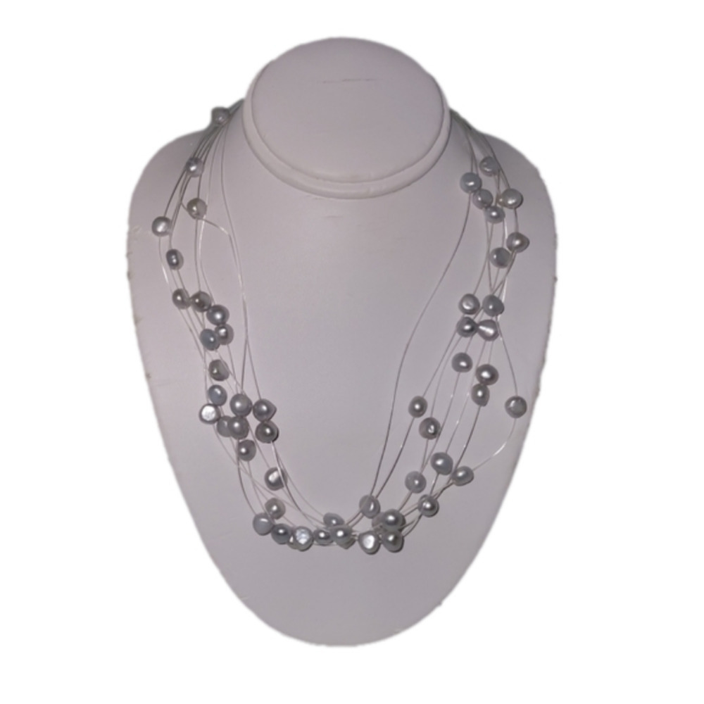 Fresh water pearls 7 strands grey/ silver with blue tone, loop clasp